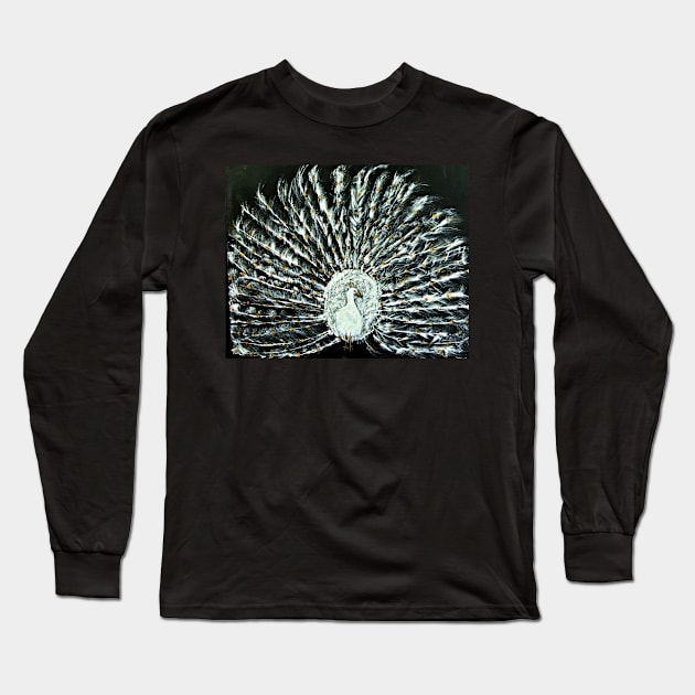 White and Gold Peacock Long Sleeve T-Shirt by Michela's Store